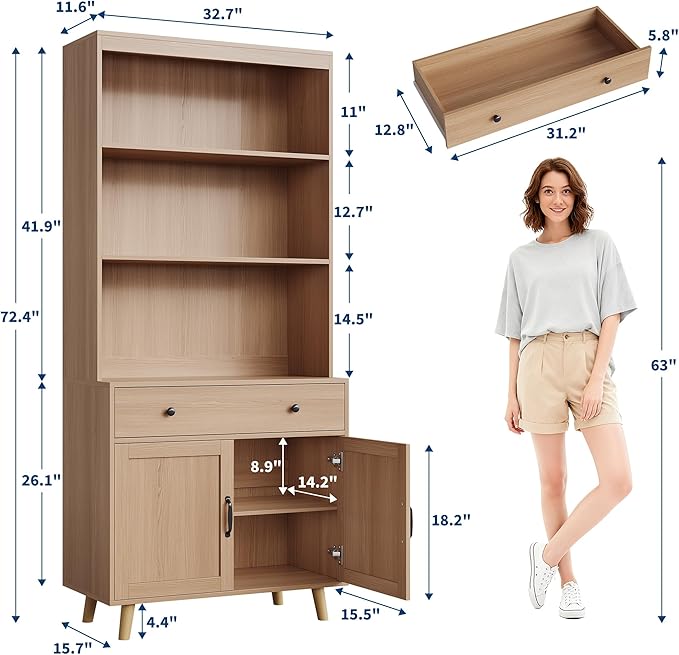 GarveeHome Tall Bookshelf with Storage Cabinet, 72.4" Wood Bookcase with Doors, Drawer & Open Shelves, Freestanding Display Bookshelves for Home Office, Living Room, Bedroom, Kitchen