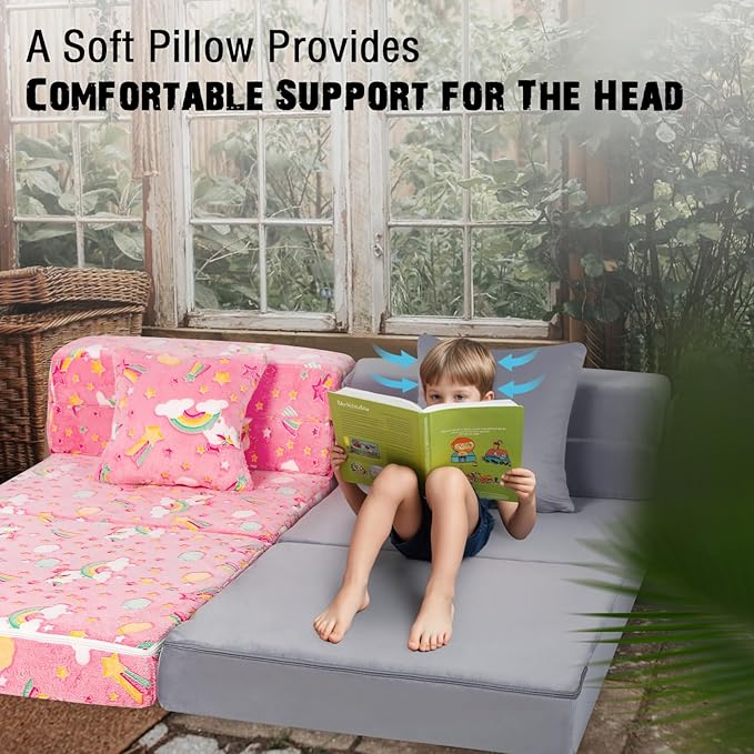 MeMoreCool Glow Tri-fold Sofa Bed for Kids, Folding Futon Mattress and Chair, Foldable Floor Couch for Playroom and Trifold Mattress for Sitting