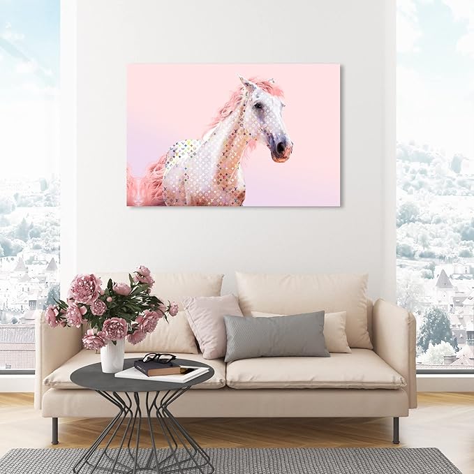 Country Farmhouse Canvas Print Painting Animal Wall Art 'Pink Glam Horse' Unframed Gallery Wrapped Canvas Rustic Home Décor 45x30 in Pink, White by Oliver Gal