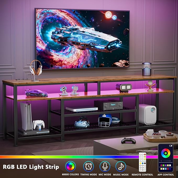 Furologee 71 Inch TV Stand with Power Outlets and LED Lights, Entertainment Center for 65 75 80 Inch TV, Media Console Table with Open Shelves, for Bedroom, Living Room, Rustic Brown