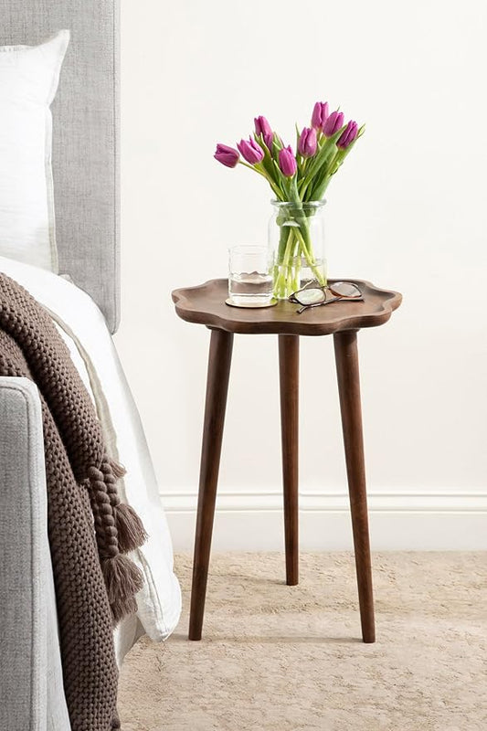 Kate and Laurel Alezar Modern Wooden Round Side Table; 15 x 15 x 22; Walnut Brown; Mid-Century Solid Wood End Table with Wavy Edge for Bedroom Nightstand or Living Room Accent Table