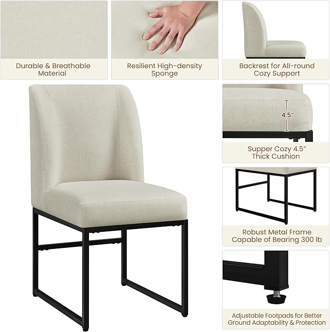 Yaheetech Upholstered Dining Chairs Set of 2 Modern Kitchen Chairs with Mid Back Padded Seat and Metal Legs for Dining Room, Living Room, Restaurant, Armless Design, Beige