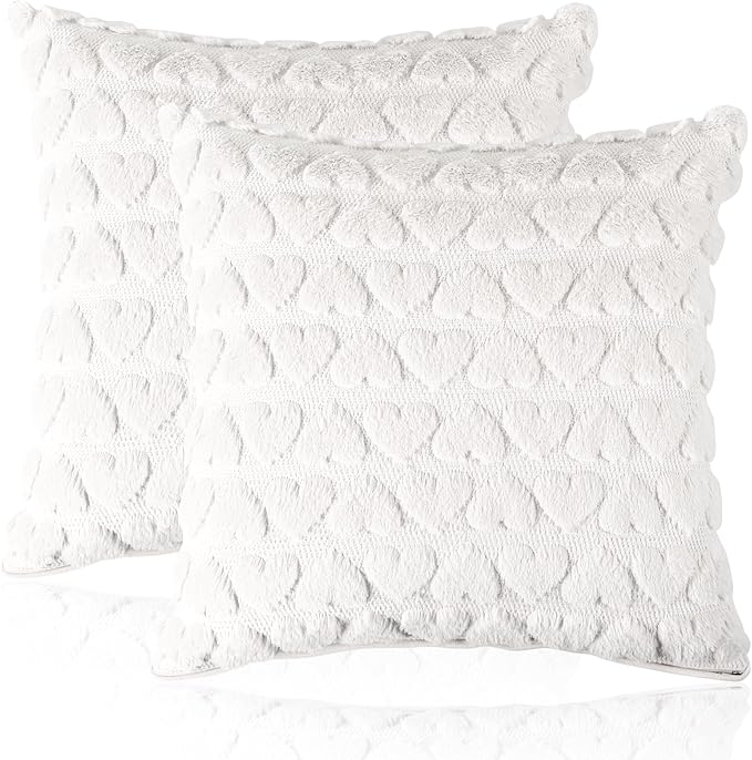Valentine Pillow Covers 18x18 Inch Set of 2 Valentines Day Decorations Heart Cream White Heart Plush Faux Fur Pillow Covers for Sofa Bed Living Room Holiday Home Decor