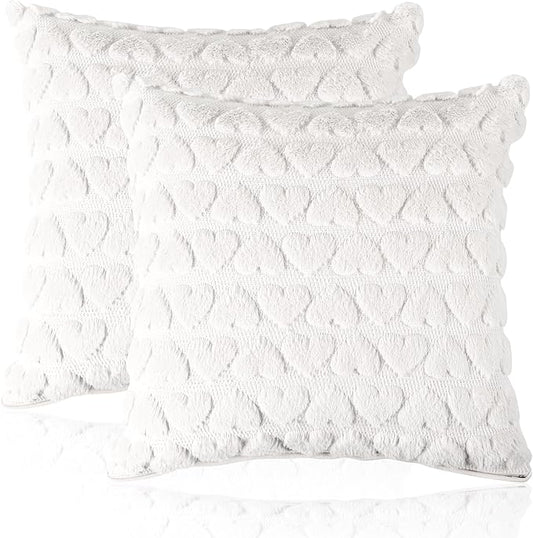 Valentine Pillow Covers 18x18 Inch Set of 2 Valentines Day Decorations Heart Cream White Heart Plush Faux Fur Pillow Covers for Sofa Bed Living Room Holiday Home Decor
