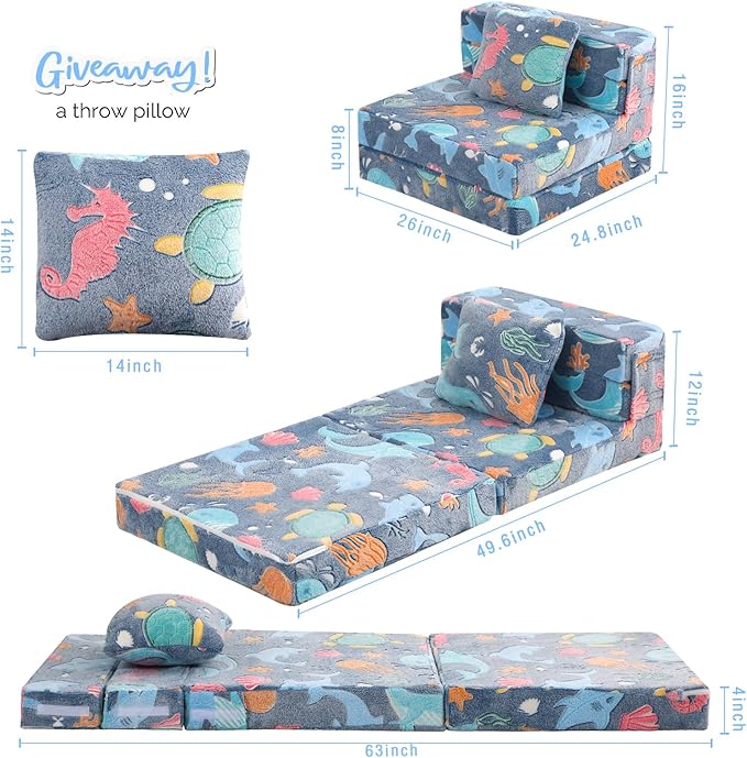 MeMoreCool Foldable Futon Chair Bed for Kids, Glow Tri-fold Sofa Bed Convertible Toddler Sofa Mattress, Foam Floor Couch for Sitting, Blue