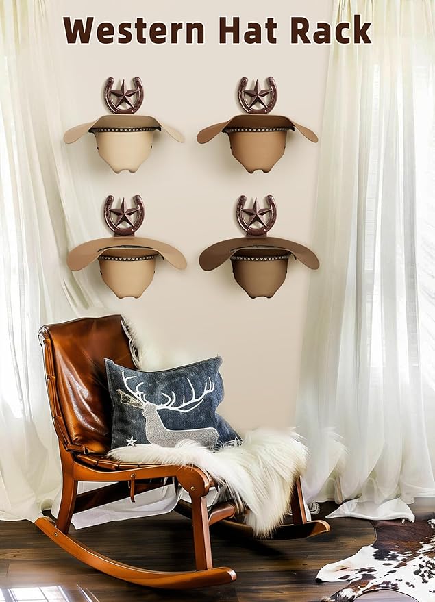 Cowboy Hat Rack Wall Mount,Cowboy Hat Holder for Wall,Western Home Decor,Hat Organizer for Caps,Rustic Horseshoe Star Metal Hat Hanger for Closet Horse Trailer Entryway Bedroom,4 Pack,Bronze