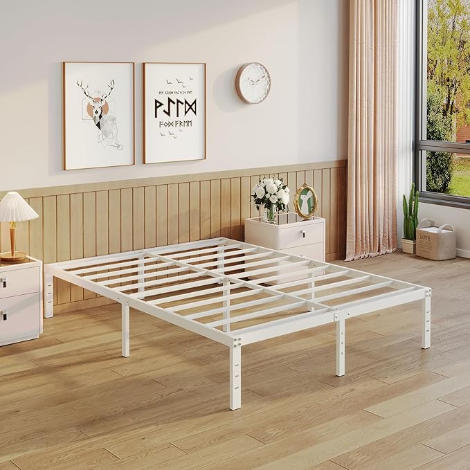 14 Inch Full Size Bed Frame No Box Spring Needed, Heavy Duty Metal Bed Frame Full with Large Underbed Storage Space, Noise Free, Easy Assembly, White