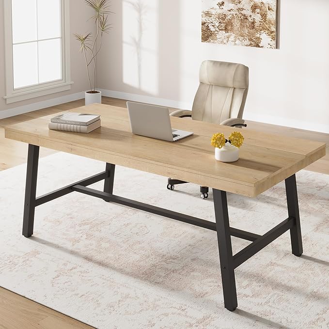 70” Large Dining Table for 6-8 People, Rustic Industrial Farmhouse Kitchen Table, Rectangle Wooden Dining Room Table with Heavy-Duty Metal Frame, Stable & Waterproof for Home, Kitchen, Dining Room