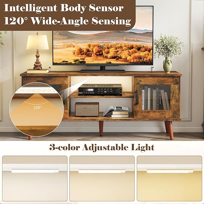 Wood TV Stand for 55 Inch TV, Mid Century Modern Entertainment Center with Adjustable Shelf, Sensor LED Light, 2 Cabinets, TV Media Console for Living Room Bedroom Rustic Brown