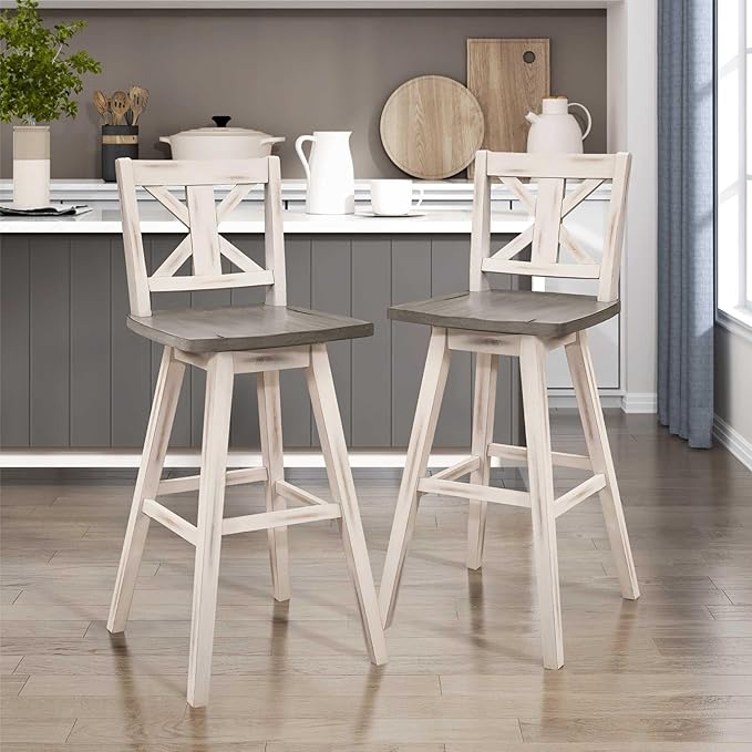 Lexicon Bar Height Bar Stools Set of 2-Solid Wood Frame 360° Swivel Wooden Stools, Foot Rest, X Back, Wide Seat, Distressed Farmhouse Easy to Clean Finish, 28.5" SH, Antique White/Grey