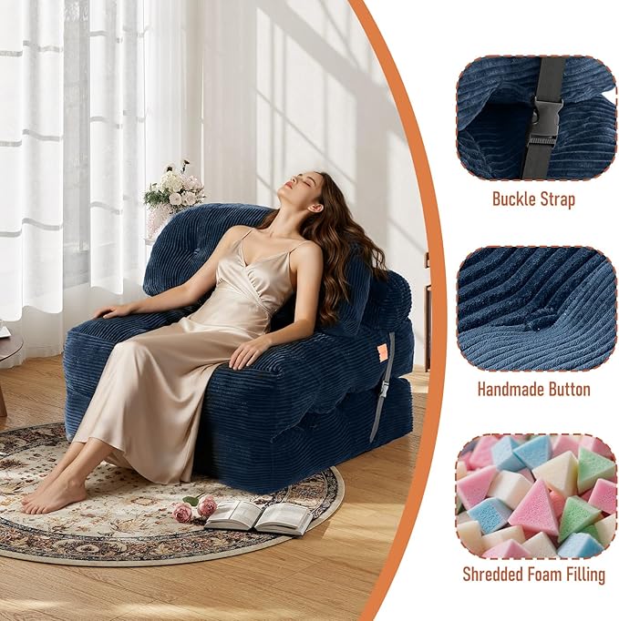 Folding Sofa Bed, Convertible Sleeper Chair with Back Support and Pillow Futon,Boneless Foldable Couch for Living Room/Guest Use/Home Office, Foldable Chair Bed for Adults, Navy Blue