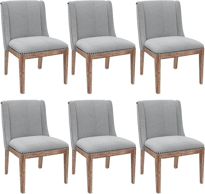 Dining Chair Set of 6, Upholstered Fabric Kitchen Side Chairs with Solid Wood Legs, Comfortable Seating for Kitchen, Dining Room & Restaurant, Grey