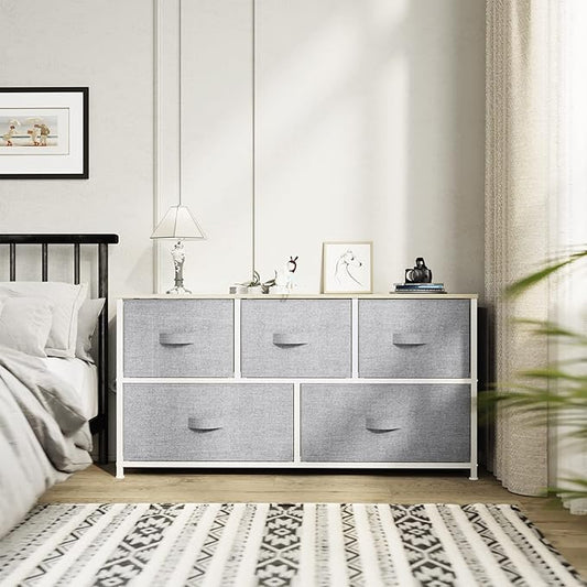 YITAHOME 5 Drawer Dresser - Fabric Storage Tower, Organizer Unit for Bedroom, Living Room, Hallway, Closets - Sturdy Steel Frame, Wooden Top & Easy Pull Fabric Bins