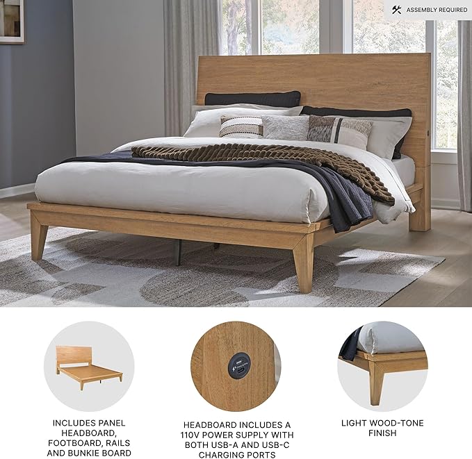 Signature Design by Ashley Sherbana Scandinavian King Panel Platform Bed with Bunkie Board and USB Charging Ports, Foundation or Box Spring Not Needed, Light Brown