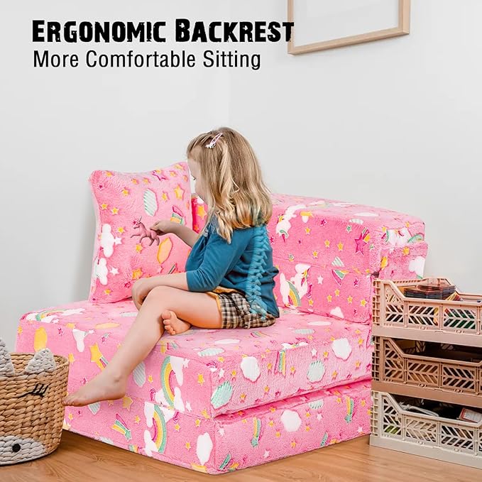 MeMoreCool Glow Tri-fold Sofa Bed for Kids, Folding Futon Mattress and Chair, Foldable Floor Couch for Playroom and Trifold Mattress for Sitting