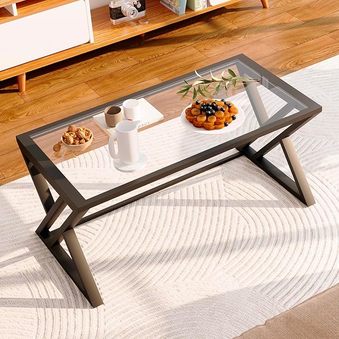 Coffee Table Black Glass Coffee Table for Living Room,Modern Rectangular Center Table with Sturdy Metal Frame,Tempered Glass Table Tea Tables for Bedroom Home Office