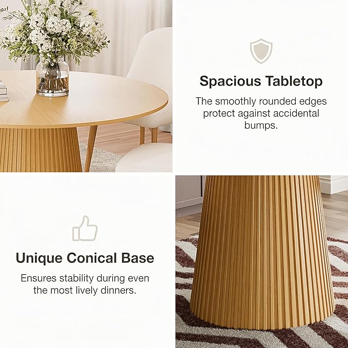 Casaphoria 52" Round Dining Table, Modern Wood Kitchen Table with Cone Grating Bar Base for Living Room & Dining Room, Easy Assembly Farmhouse Furniture for 4-6, Oak