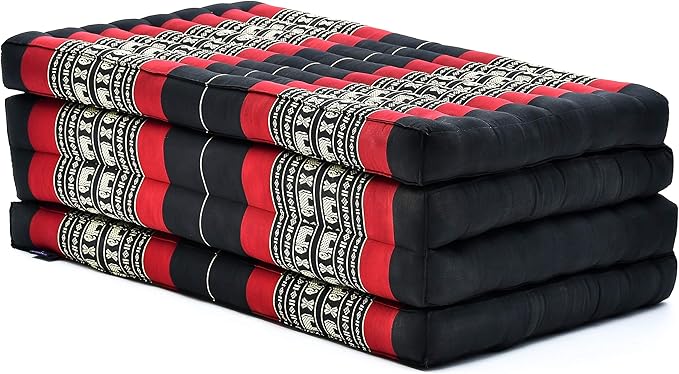 Leewadee Trifold Mattress Standard – Comfortable Thai Massage Pad, Foldable Floor Mattress Filled with Kapok, Perfect to Use as a Sleeping Mat 79 x 28 inches, Black Red