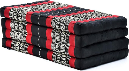 Leewadee Trifold Mattress Standard – Comfortable Thai Massage Pad, Foldable Floor Mattress Filled with Kapok, Perfect to Use as a Sleeping Mat 79 x 28 inches, Black Red