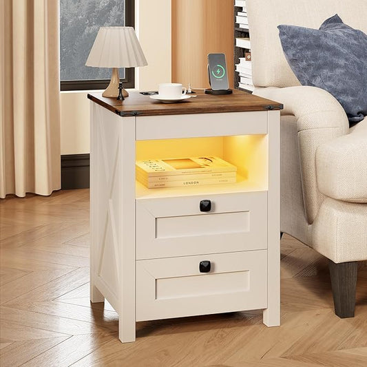 Farmhous Nightstand with Gun Drawer,Bedside Table with Charging Station, Gun Night Stand with LED Light & Human Sensor,Smart End Table for Bedroom, Antique White
