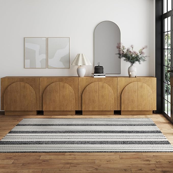Nathan James Iris Mid-Century Modern Wood Accent Cabinet Sideboard Credenza TV Stand with Arched Cabinet Doors and Adjustable Shelves for Kitchen or Living Room, Set of 4