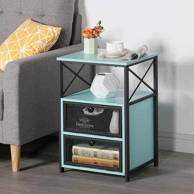 VECELO Nightstand Set of 1, End Table with Flip Drawer, Modern Night Stand for Bedroom,Living Room, Office, Easy Assembly,Azure Blue