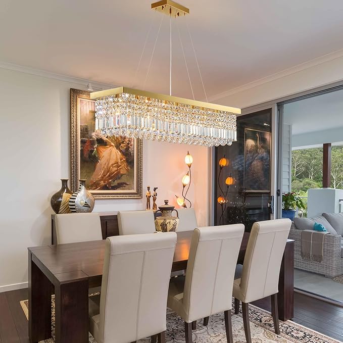 Modern Crystal Chandelier for Dining Room 8-Light Gold Rectangle Chandeliers K9 Crystal Ceiling Light Fixture Hanging Pendant Lights Kitchen Island Bar Bedroom Party Wedding Hotel