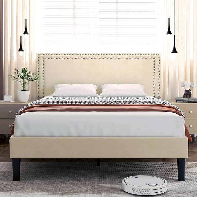 VECELO Full Size Bed Frame with Adjustable Upholstered Headboard, Wooden Slats Platform, Noise-Free Design, Easy Assembly