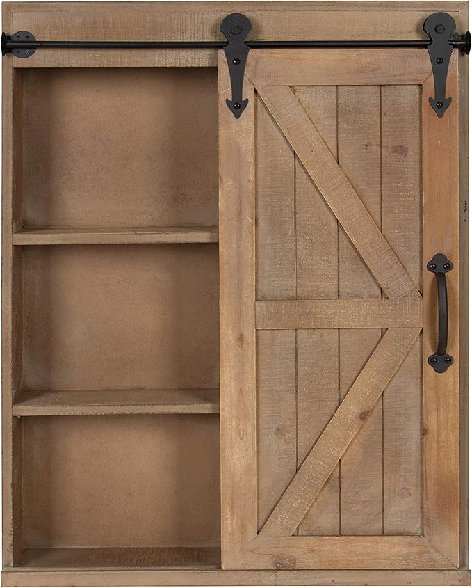 Kate and Laurel Cates Decorative Wood Wall Storage Cabinet with Rectangle Mirror and Sliding Barn Door, 22 x 28, Rustic Brown, Farmhouse Decor for Wall Storage