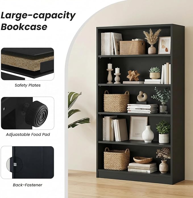 5 Tier Wooden Bookshelf, 60" H Tall Book Shelf with Adjustable Shelves, 33" Wide Bookshelf for Office, Living Room