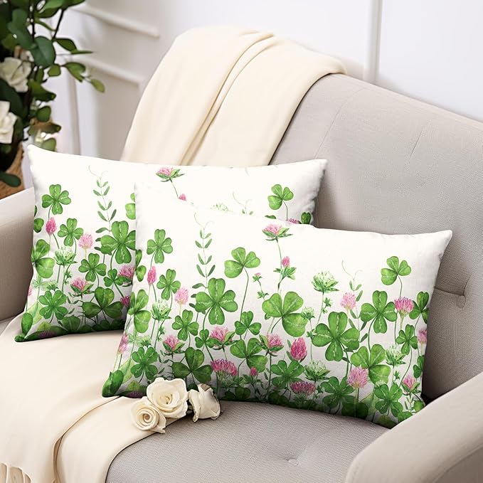Green Shamrock St Patricks Day Lumbar Pillow Covers 12x20 Set of 2 Watercolor Lucky Clovers Floral Pillow Cover Spring St. Patrick's Day Outdoor Decorative Pillow Case for Home Couch Sofa