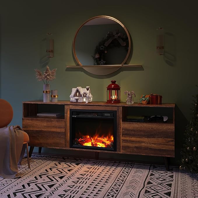 WLIVE Fireplace TV Stand for 55 65 Inch TV, Mid-Century Entertainment Center with Electric Fireplace, Media TV Console with Extra Open Shelf & Storage Cabinets for Living Room Bedroom, Rustic Brown