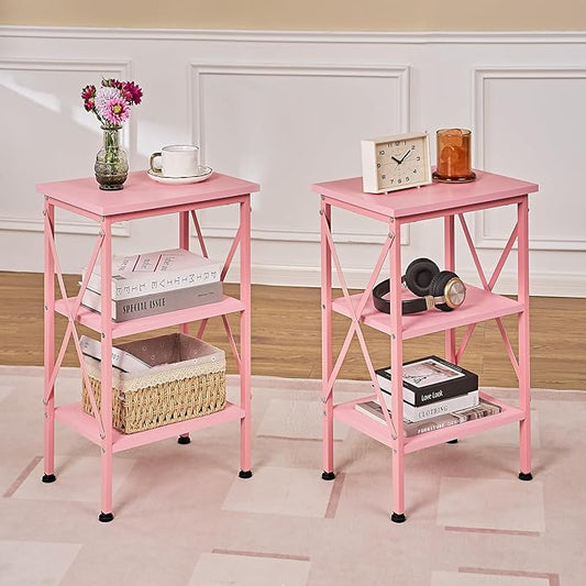 VECELO End Side Table Night Stand Set of 2,X-Design with Storage Shelf for Bedroom,Living Room,Pink