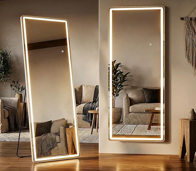 Alpen 64"x21" Full Length Mirror with LED Lights, Lighted Full Body Mirrors, Aluminum Frame Mirror with Dimming & 3 Color Lighting, Hanging Mounted Mirrors for Bedroom Dressing Room Cloakroom