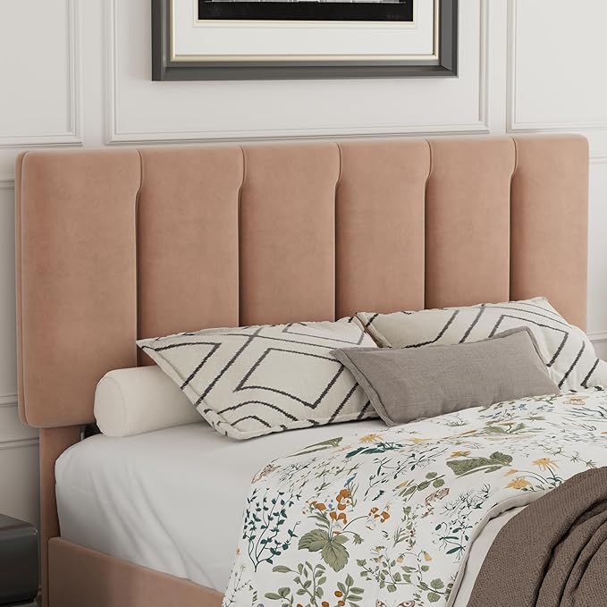 VECELO Full Size Bed Frame with Upholstered Headboard, Heavy-Duty Bedframe with Wooden Slats & Steel Framework, Easy Assembly, Coffee