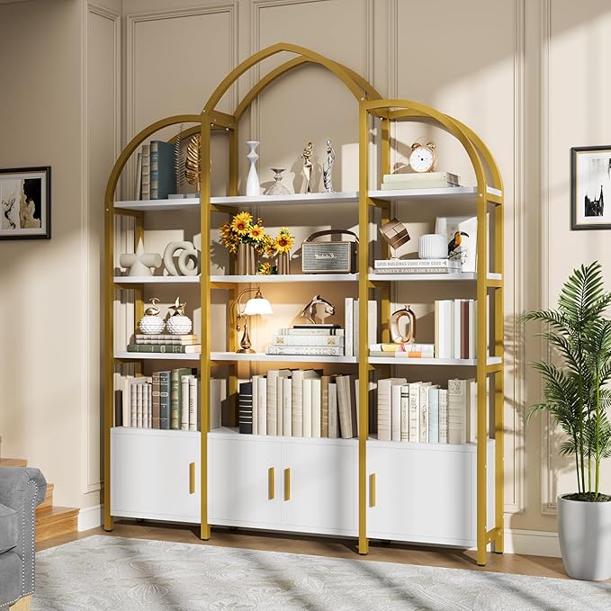 Tall Arched Bookshelf and Bookcase with 3 Cabinets, Triple Wide 5 Tier Industrial Etagere Open Bookshelf, Wood Book Shelf for Bedroom Living Room (Gold and White)