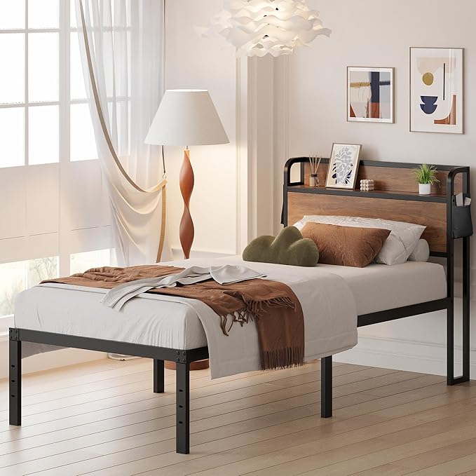 16 Inch Twin XL Bed Frames with Wood Headboard, Storage Bed Frame Twin XL No Box Spring Needed, Noise Free, Mahogany