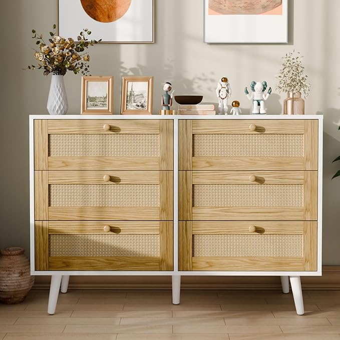 6 Drawer Rattan Dresser for Bedroom, Wooden Dresser Chest with Handles for Bedroom, Living Room and Hallway, White