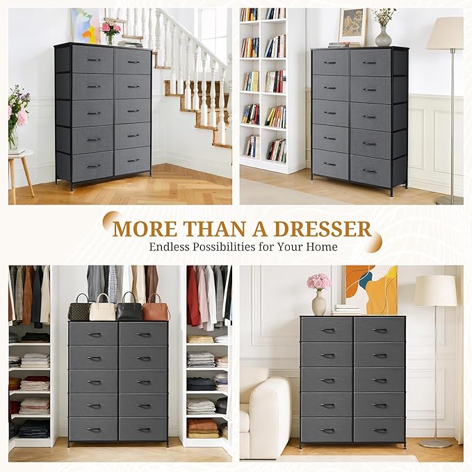 10-Drawer Fabric Dresser, Chest of Drawers Clothes Cabinet for Closet & Bedroom, Storage Organizer with Steel Frame for Entryway, Dorm, Living Room, Grey