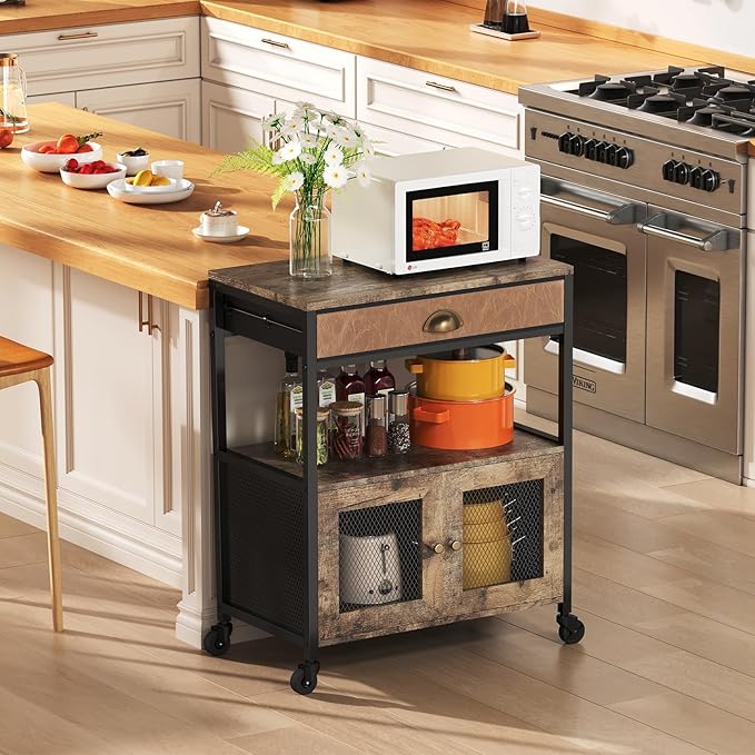 X-cosrack Coffee Bar Cabinet，3 Tiers Kitchen Coffee Cart with Drawer for The Home, Movable Farmhouse Ktichen Station Table on Wheels for Living Room, Entryway, Dining Room, Kitchen