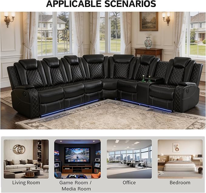 Power Recliner Sectional Sofa with LED Lighting, Breathing Leather Corner Couch with USB and Storage Console, Cup Holders, Reading Light – Home Theater & Living Room Seating (Black)
