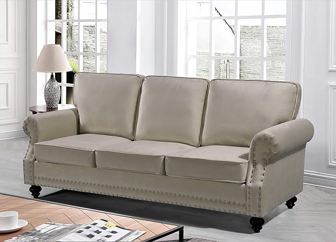 Container Furniture Direct Lotus Mid Century Modern Velvet Upholstered Living Room Rolled Arms, Sofa and Loveseat, Ivory