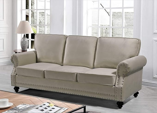 Container Furniture Direct Lotus Mid Century Modern Velvet Upholstered Living Room Rolled Arms, Sofa and Loveseat, Ivory