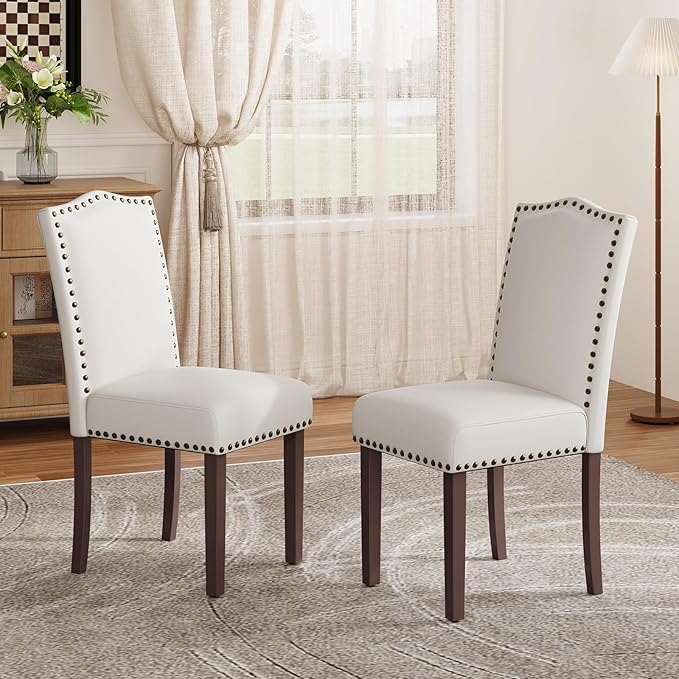 Dining Chairs Set of 4, Soft Comfortable Upholstered Parsons Chairs with High-Density Cushion & Solid Wood Legs, Classic Nailhead Trim for Dining Room, Kitchen, Living Room – Beige