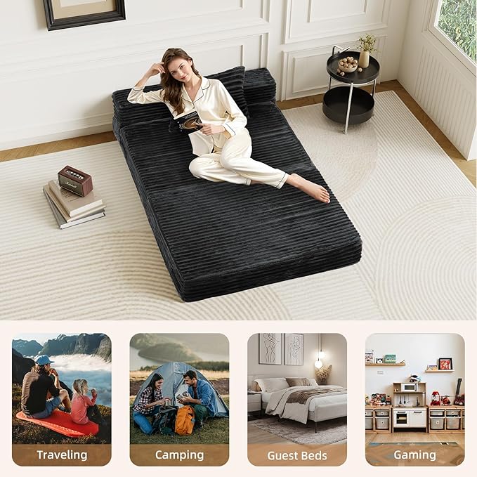 GEMBED Convertible Foldable Sofa Bed Queen - 4 in 1 Sleeper Chair with Pillow, Fold Out Couch, High-Density Foam Floor Mattress, Space-Saving Futon for Living Dorm Guest Room and Office, Grey