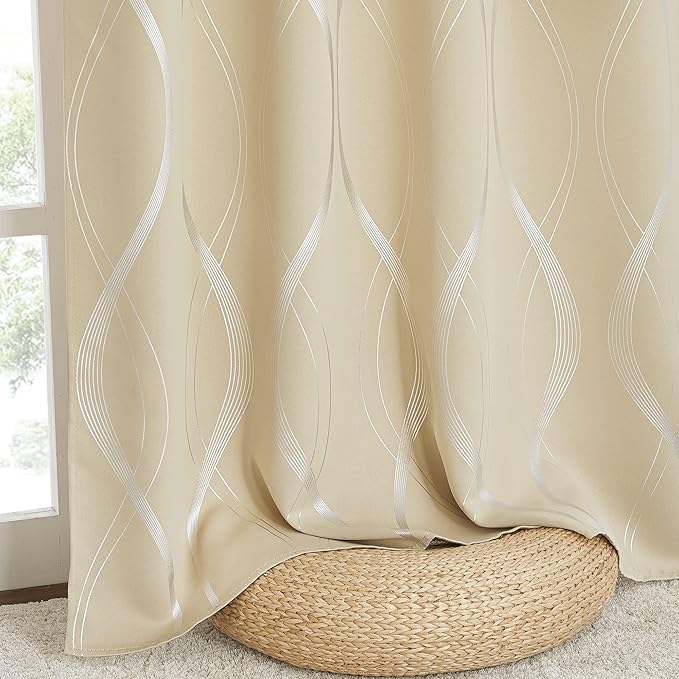 NICETOWN Room Darkening Curtains for Bedroom, Noise Reducing Thermal Insulated Wave Line Foil Print Design Blackout Curtains for Patio Sliding Glass Door (2 Panels, 52 x 84 Inch, Biscotti Beige)