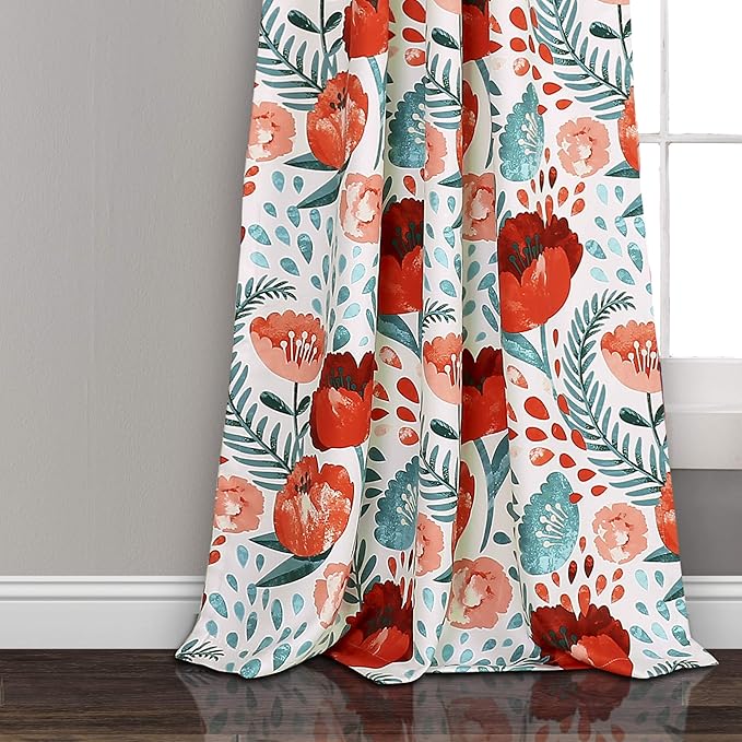 Lush Decor, 95" x 52", Multi Poppy Garden Curtains Light Filtering Window Set for Living, Dining, Bedroom, 95 in L Panel Pair