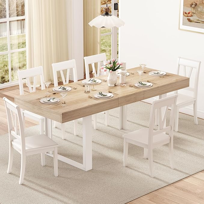 63"-78.7" Expandable Dining Table, 6-10 Extendable Dining Table, Rectangle Conference Table, Farmhouse Kitchen Table with Slide Track, Tapered U-Shaped Wood Legs for Office, Living Room-Oak