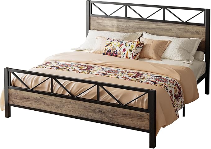 LIKIMIO California King Bed Frame, Tall Industrial Headboard 51.1 ", Platform Bed Frame with Strong Metal Support, Solid and Stable, Noise Free, No Box Spring Needed, Easy Assembly, Rustic Maple