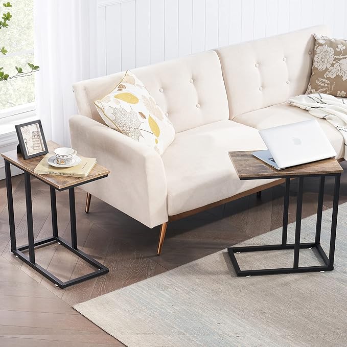 VECELO Universal C-Shaped Side Table, Multi-Functional Snack & TV Tray for Living Room, Bedroom, Grey (2 Set)